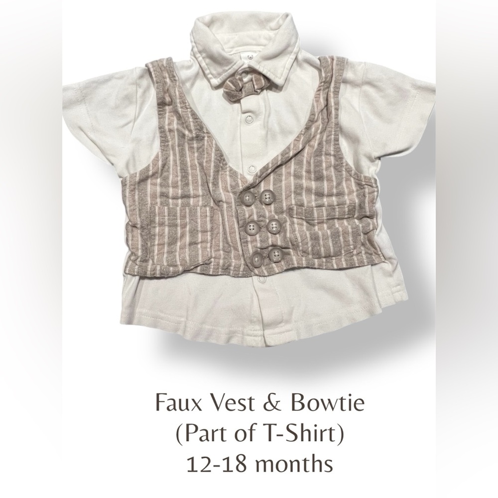 EUC Toddler Faux Vest & Bowtie Shirt w. Button Snaps; Tan & White (12-18 mos)